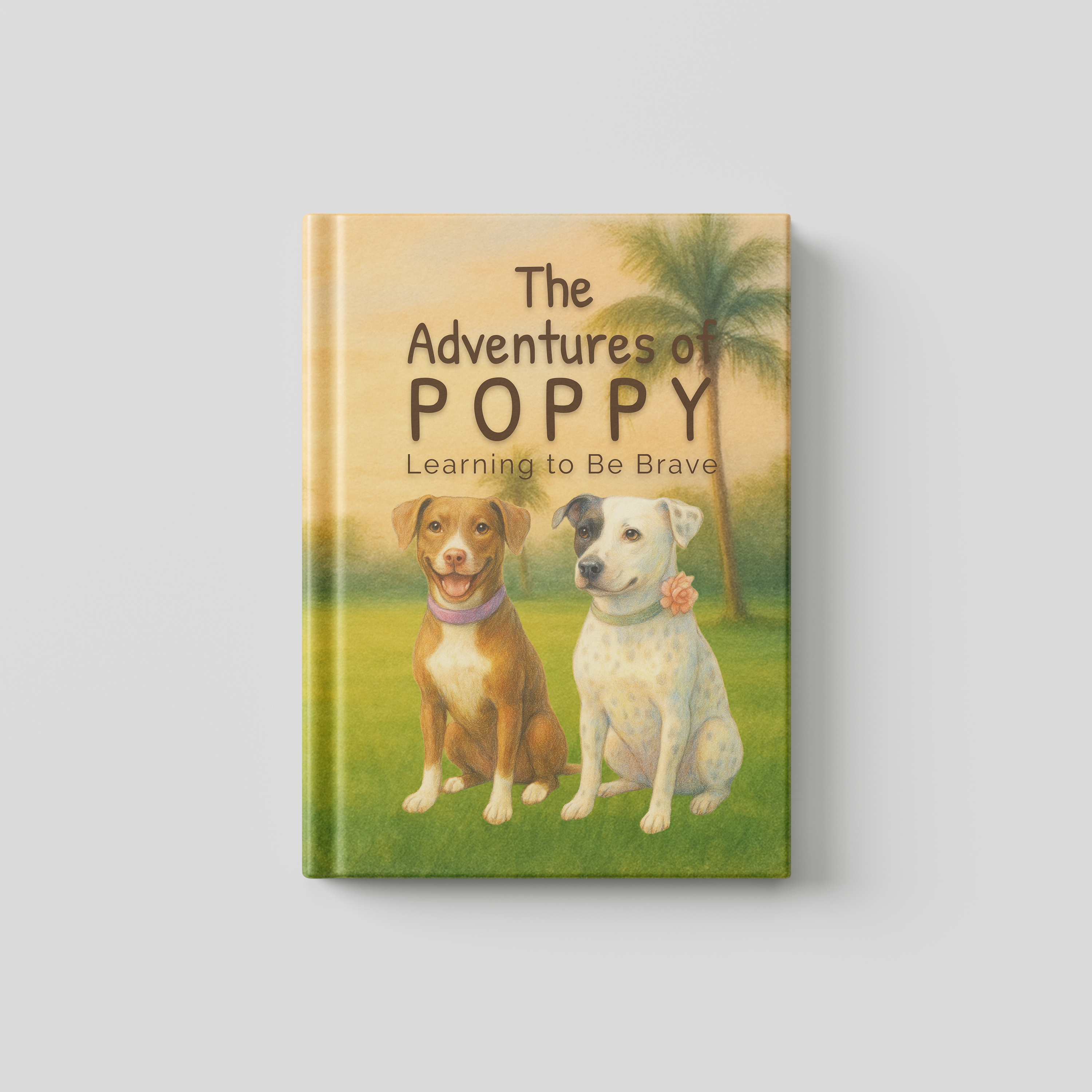 Book titled 'The Adventures of Poppy: Learning to Be Brave' with two dogs on a grassy background
