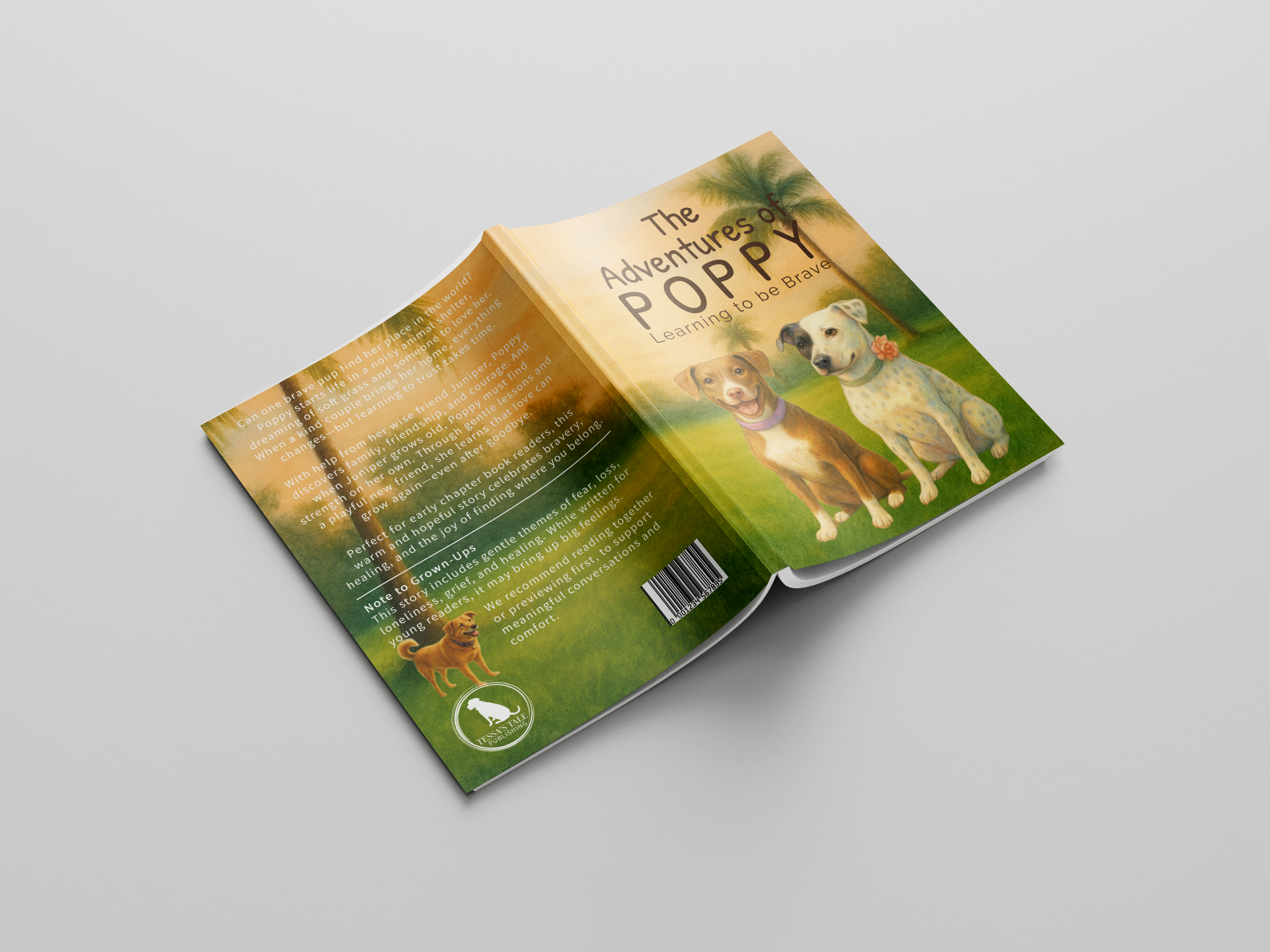 Open book titled 'The Adventures of Poppy' on a gray background