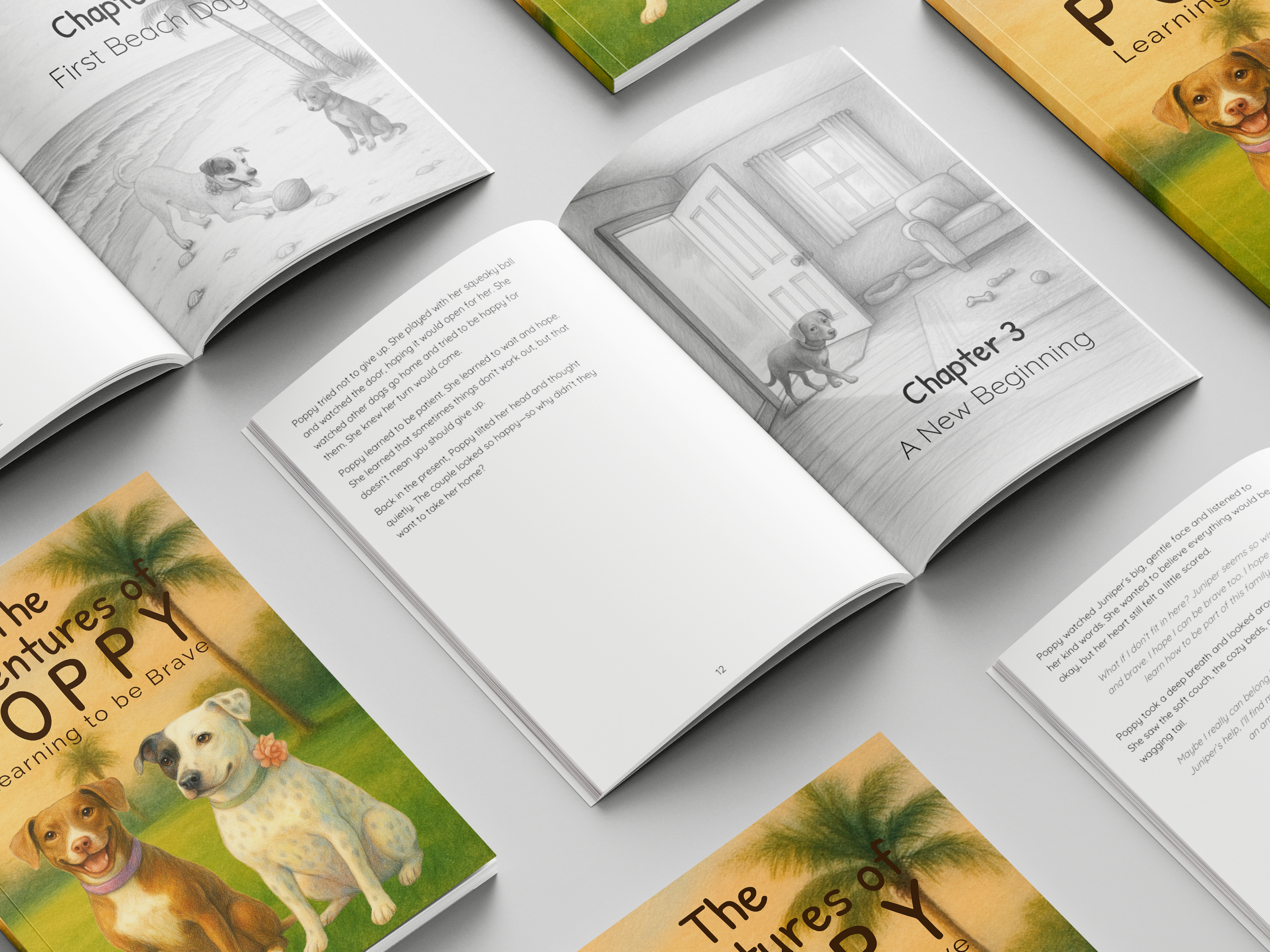Open books with dog-themed illustrations on a light gray surface